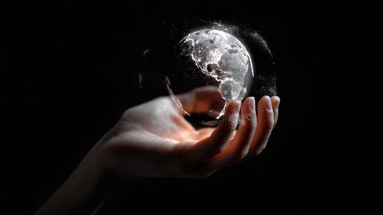 A mesmerizing depiction of a hand cradling a glowing, ethereal globe, illustrating the delicate balance between humanity and nature in a captivating digital art style