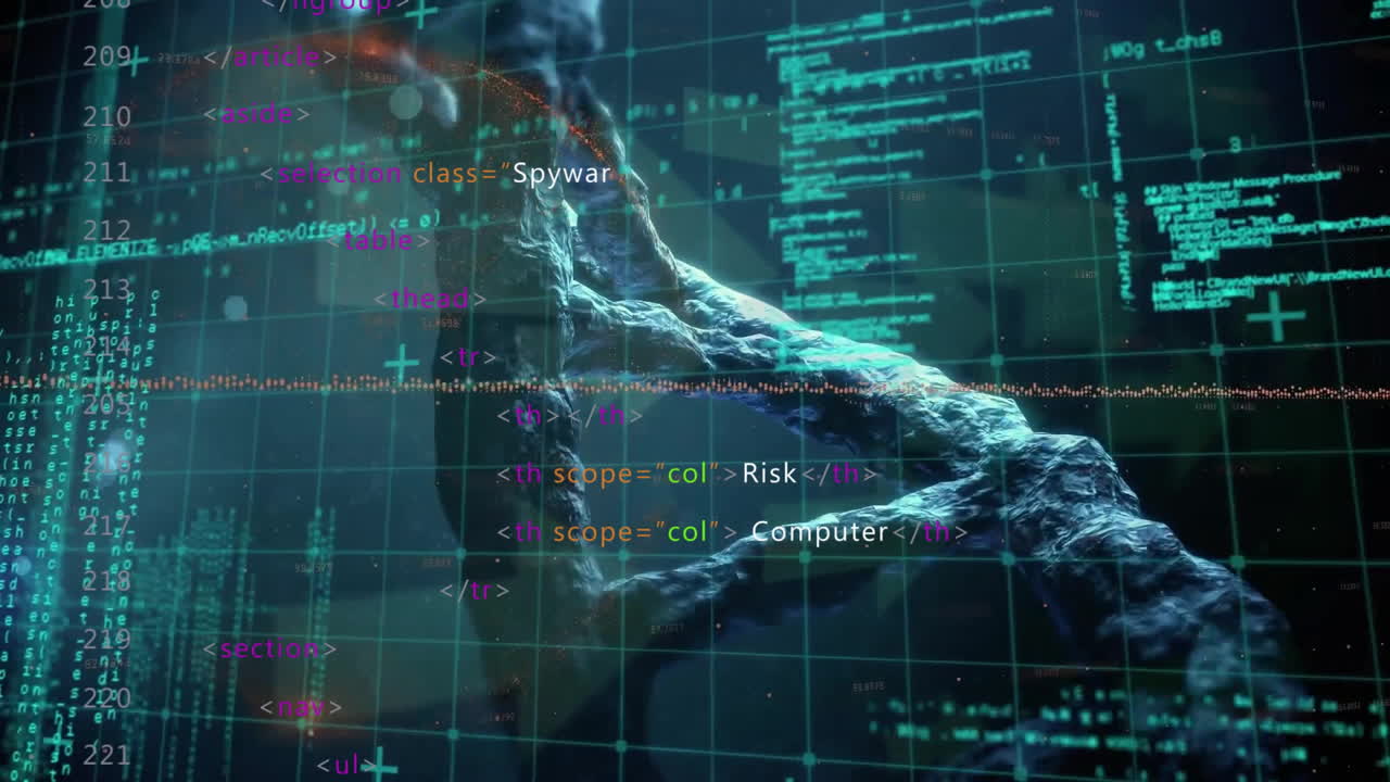 Animation of data processing over dna strand on black background