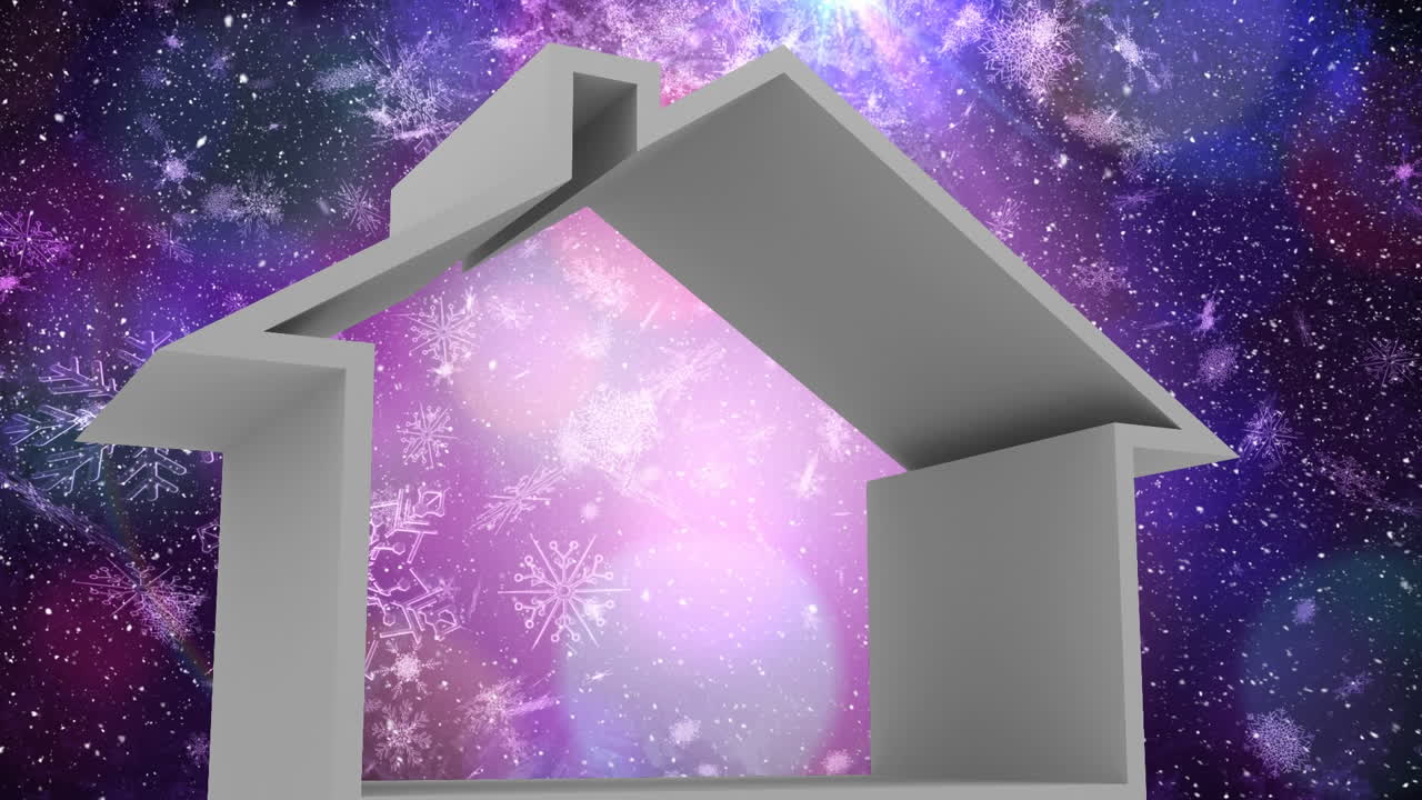 집 모양과 크리스마스 스노우플레이크 패턴 위에 내리는 눈의 애니메이션