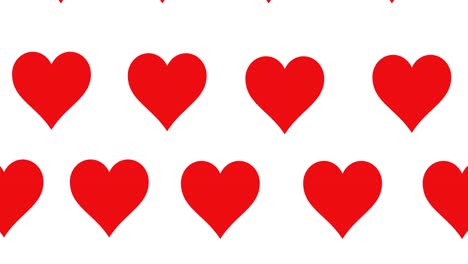 composición de filas de corazones rojos que se mueven sobre un fondo blanco