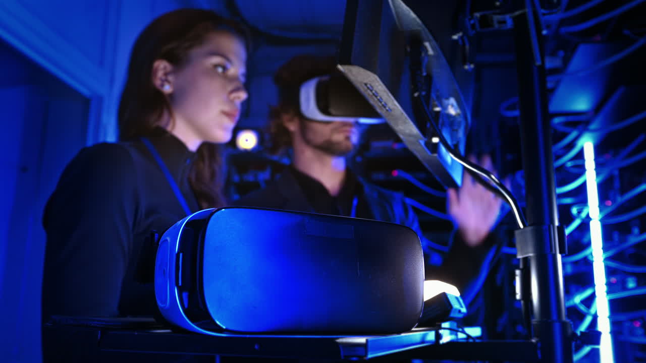 Woman programming in a server room while a man is using a Virtual Reality headset