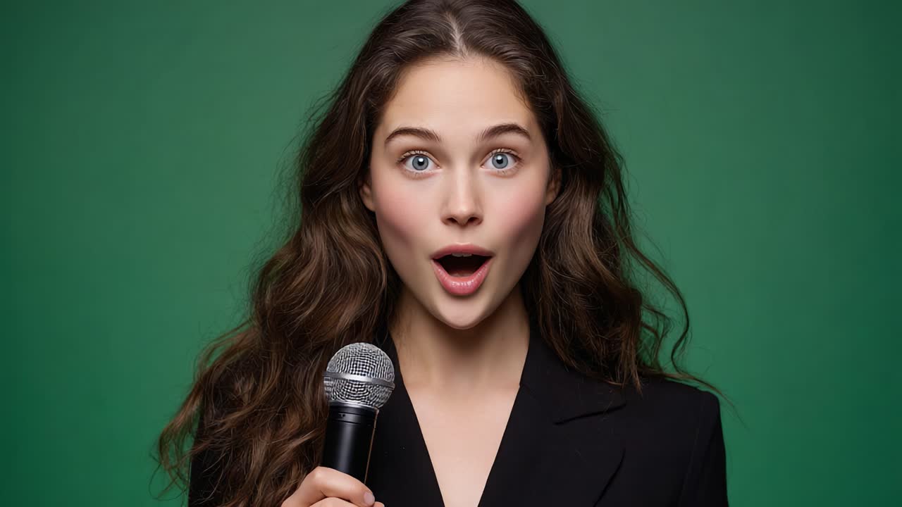 Una giovane donna in blazer nero sorprende il pubblico con il suo entusiasmo mentre tiene un microfono su uno sfondo verde