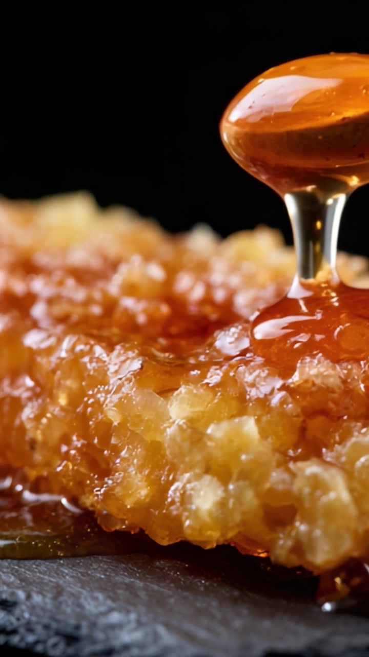 Primo piano di un favo scintillante che gocciola miele dorato, catturando la ricchezza e la dolcezza del dolcificante più pregiato della natura con dettagli mozzafiato.