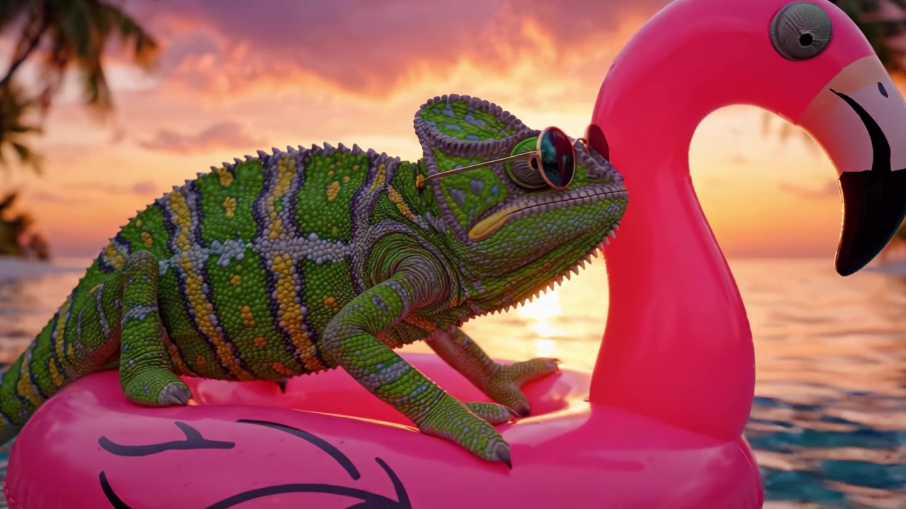 Um Camaleão Colorido Relaxando em uma Boia de Flamingo Rosa em um Paraíso Tropical ao Pôr do Sol, Exibindo Vibrações de Verão Caprichosas e Natureza Vibrante