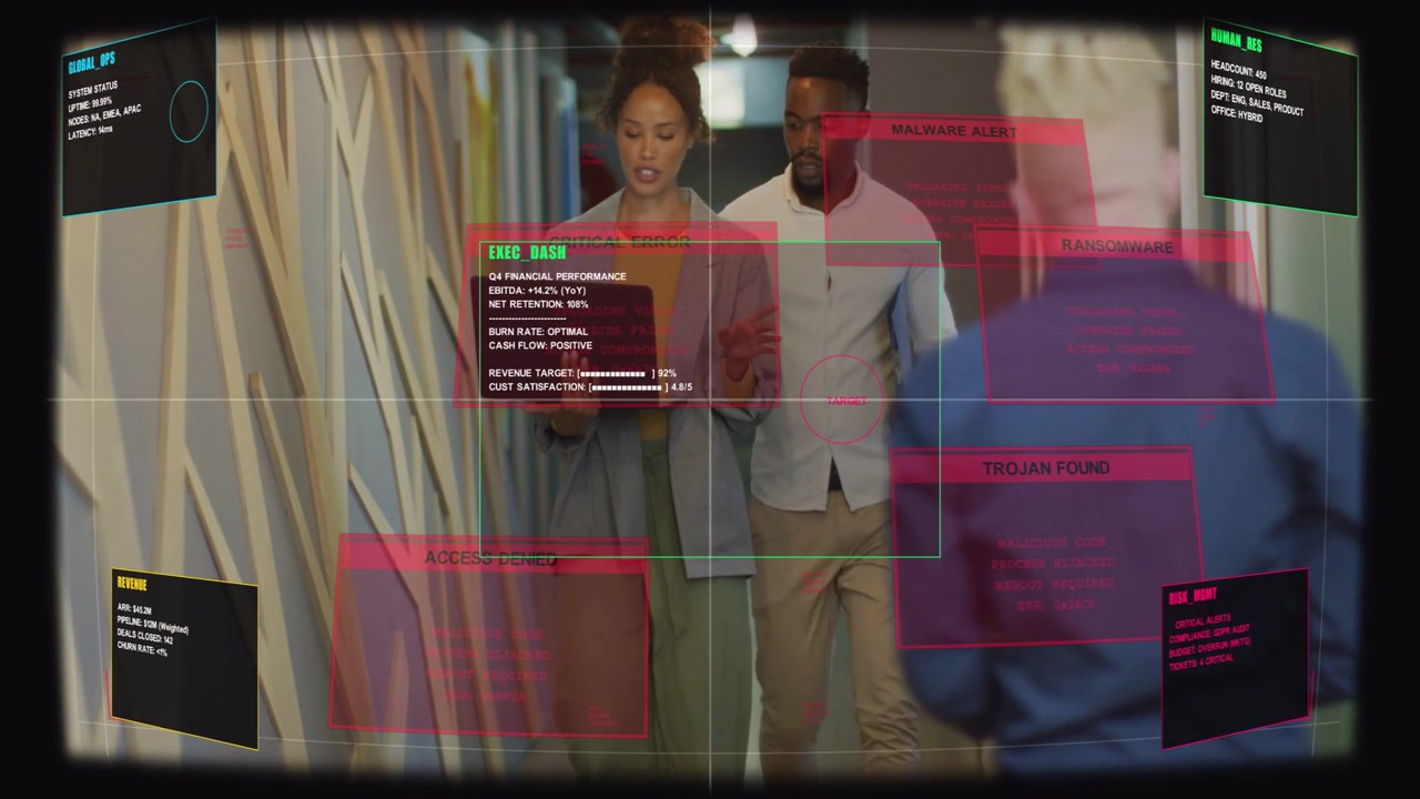 Blurred passer blocking camera, team walking consulting tablet, HUD highlighting EXEC DASH business