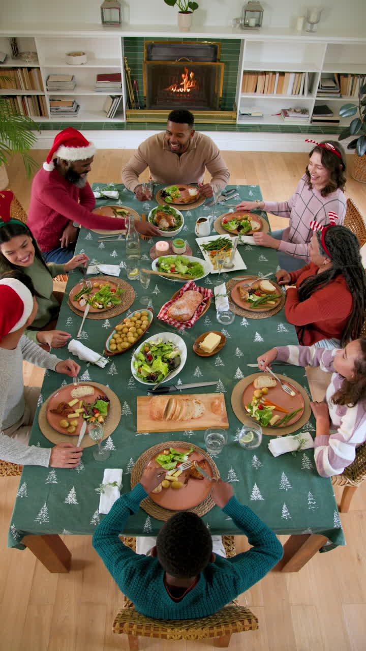 Vertical video: Family enjoying festive Christmas dinner together by cozy fireplace at home