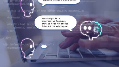 animación de ai texto, iconos y procesamiento de datos sobre mujer caucásica usando portátil