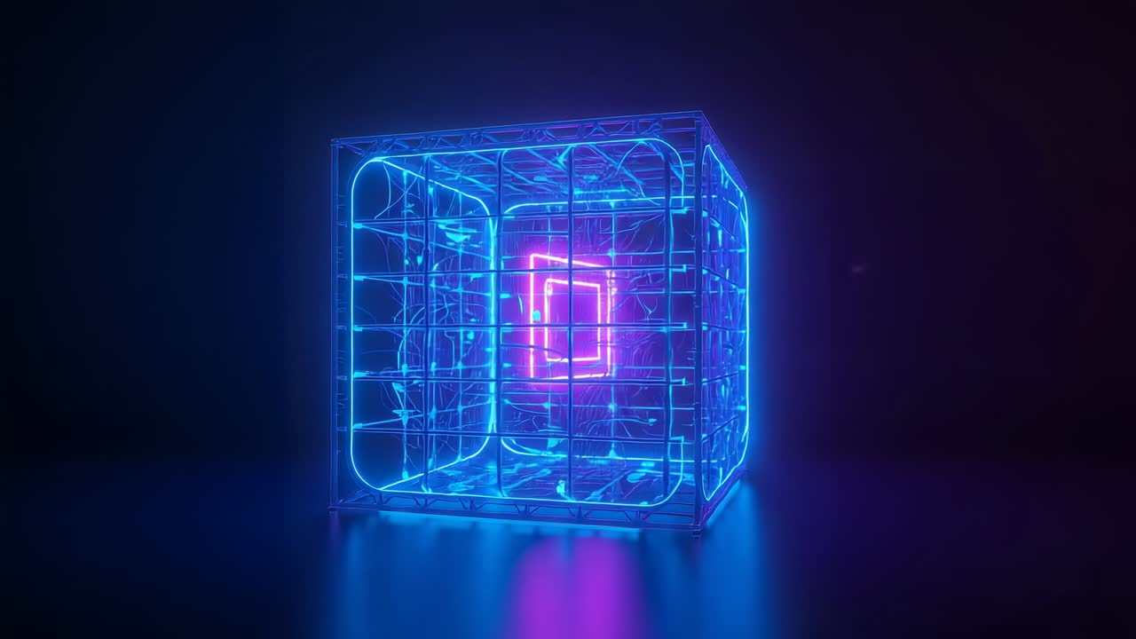 Rotating neon-blue wireframe cube revealing nested pink core on shiny studio floor, pulsing glow