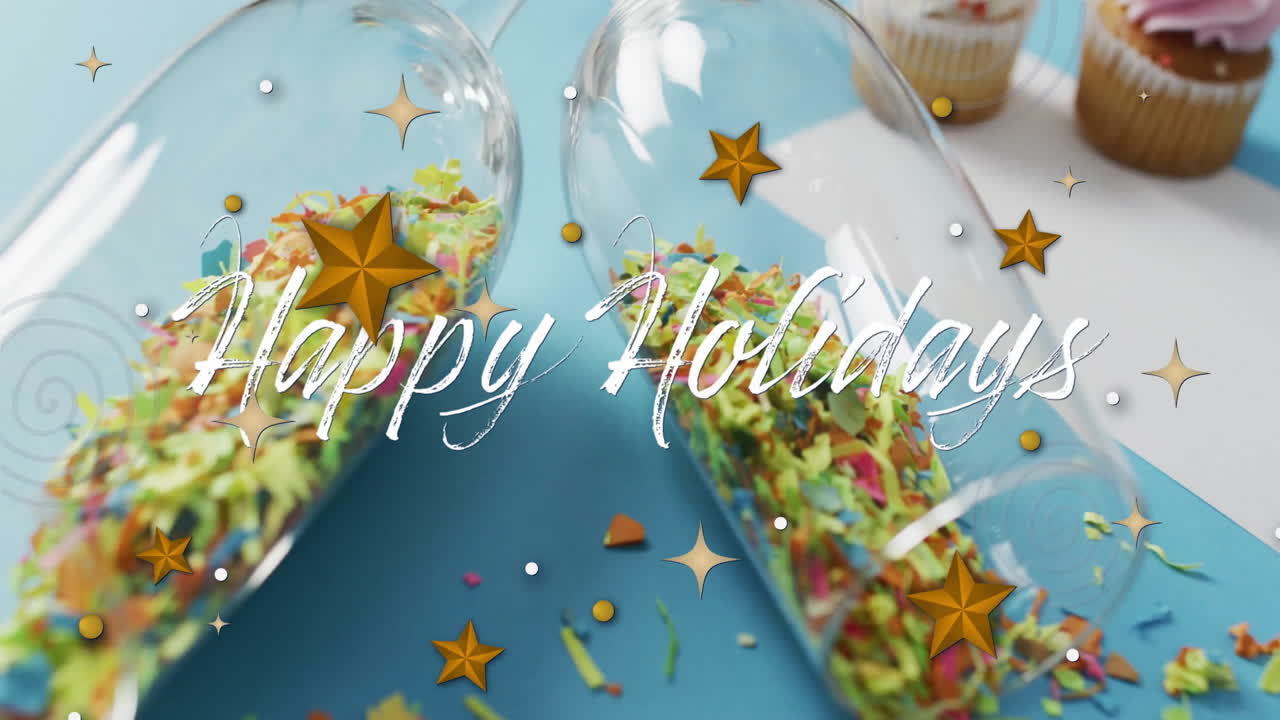 Animation of happy holidays text over stars and confetti