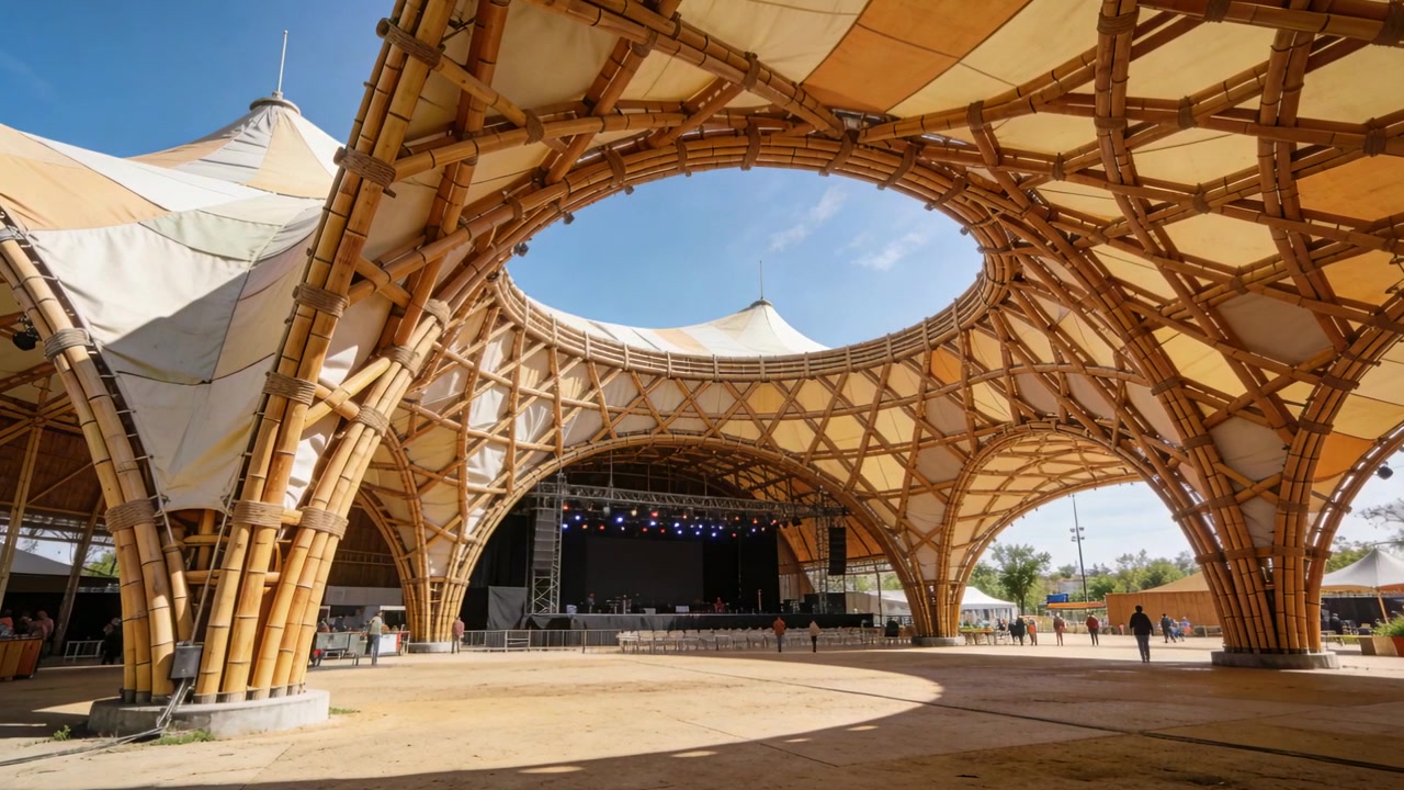 ศาลาถักทอล้อมรอบเวทีเปล่าก่อนงานเริ่ม ผู้คนเดินมาจากทางขวาผ่านแนวกั้น
