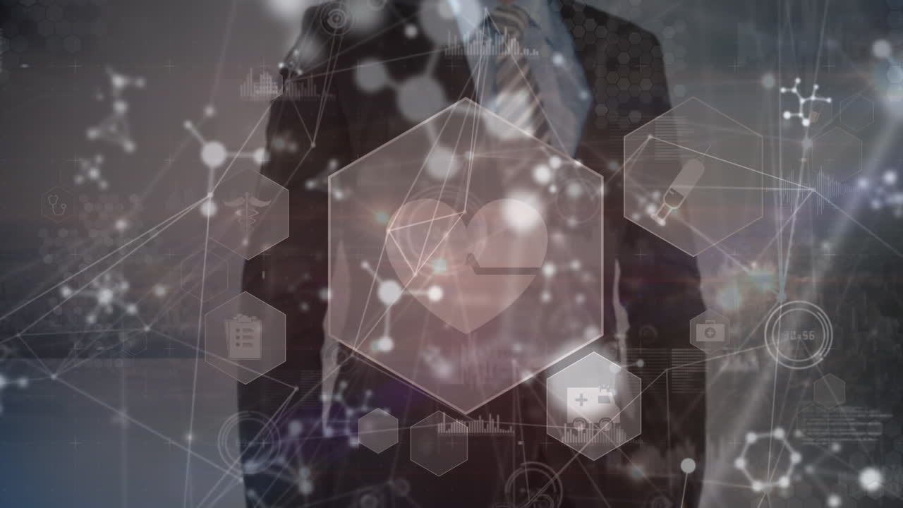 화면을 사용하여 코카시안 사업가에 대한 의료 아이콘과의 연결 네트워크의 애니메이션