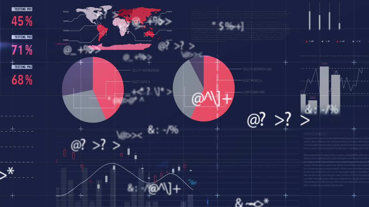 Financial data charts and graphs animation over world map and statistics