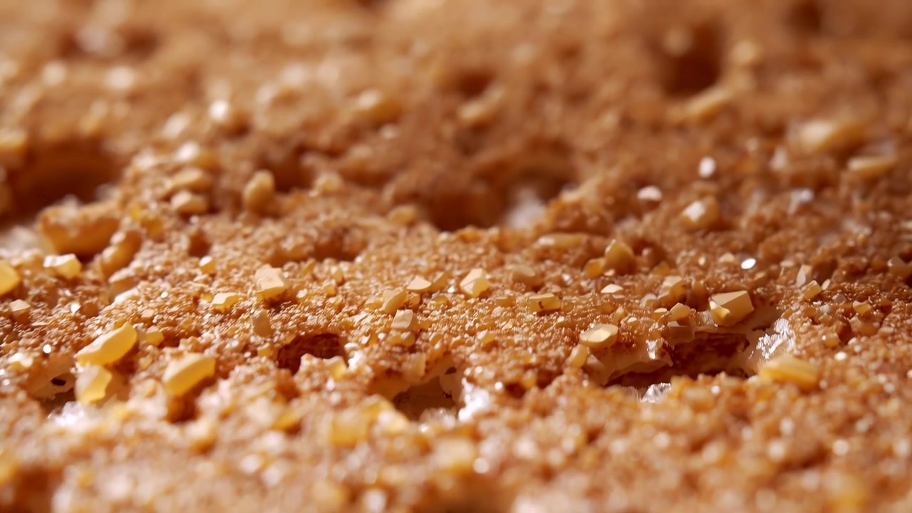 Shifting camera focusing on baked crust at studio table, revealing crumbs, yellow bits and crystals