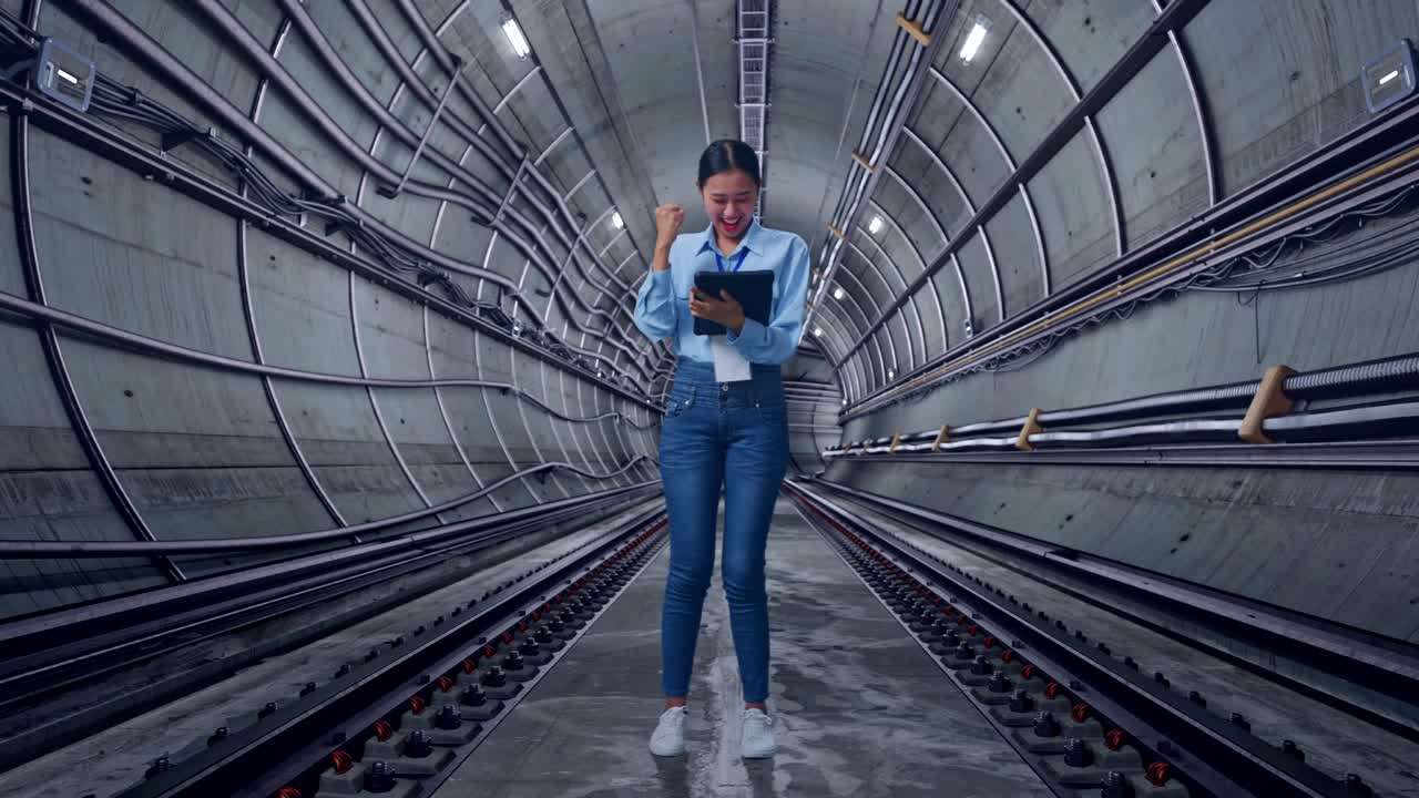 Full Body Of Asian Female With Her Tablet In Underground Subway Tunnel, She Raises Her Fist Up With Screaming Goal After Typed On The Tablet