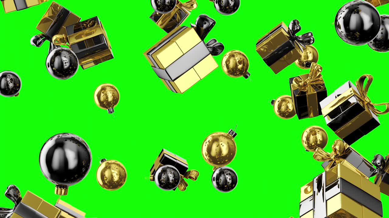 크리스마스와 새해 배경, 축제 배경, 금과 검은 크리스마스 공과 활이 있는 반이는 선물 상자