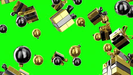 fondo de navidad y año nuevo. fondo festivo. bolas de navidad doradas y negras y cajas de regalos brillantes con arcos.