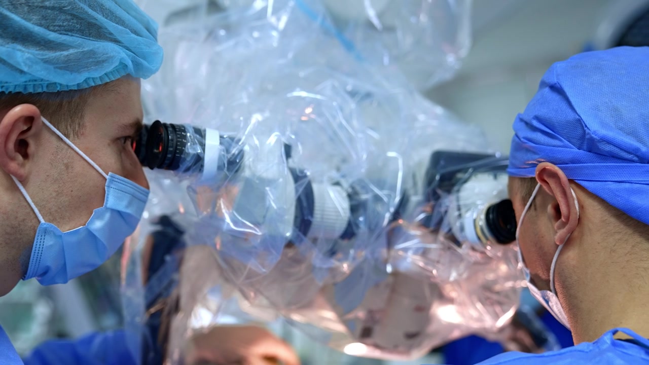 Medico uomo che guarda attentamente negli oculari di un microscopio. I chirurghi eseguono un intervento di neurochirurgia in un ospedale moderno
