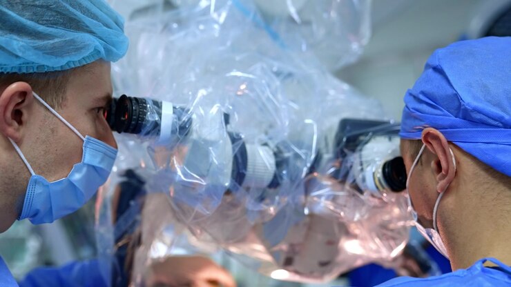 Medico uomo che guarda attentamente negli oculari di un microscopio. I chirurghi eseguono un intervento di neurochirurgia in un ospedale moderno