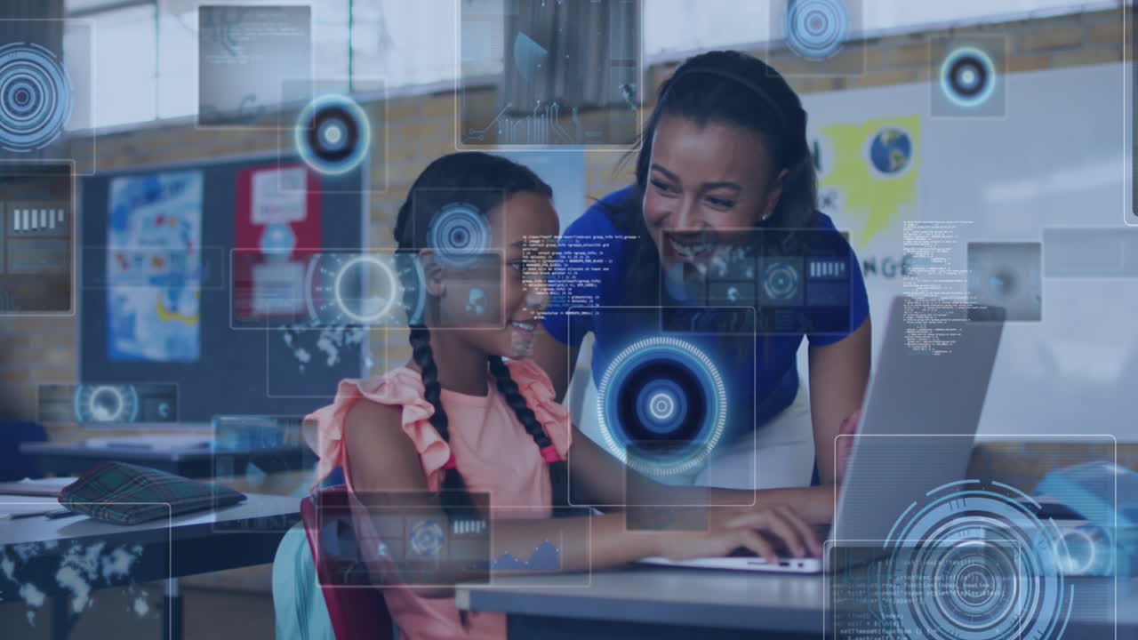 Animation of digital screens over happy african american female teacher and schoolgirl in classroom