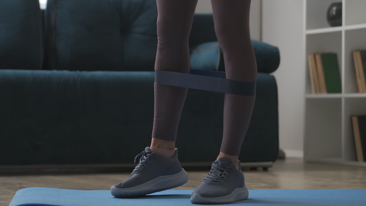 piernas de una mujer deportiva durante el entrenamiento con banda elástica de fitness tensando los músculos entrenamiento en el hogar vista de partes del cuerpo delgadas estilo de vida saludable