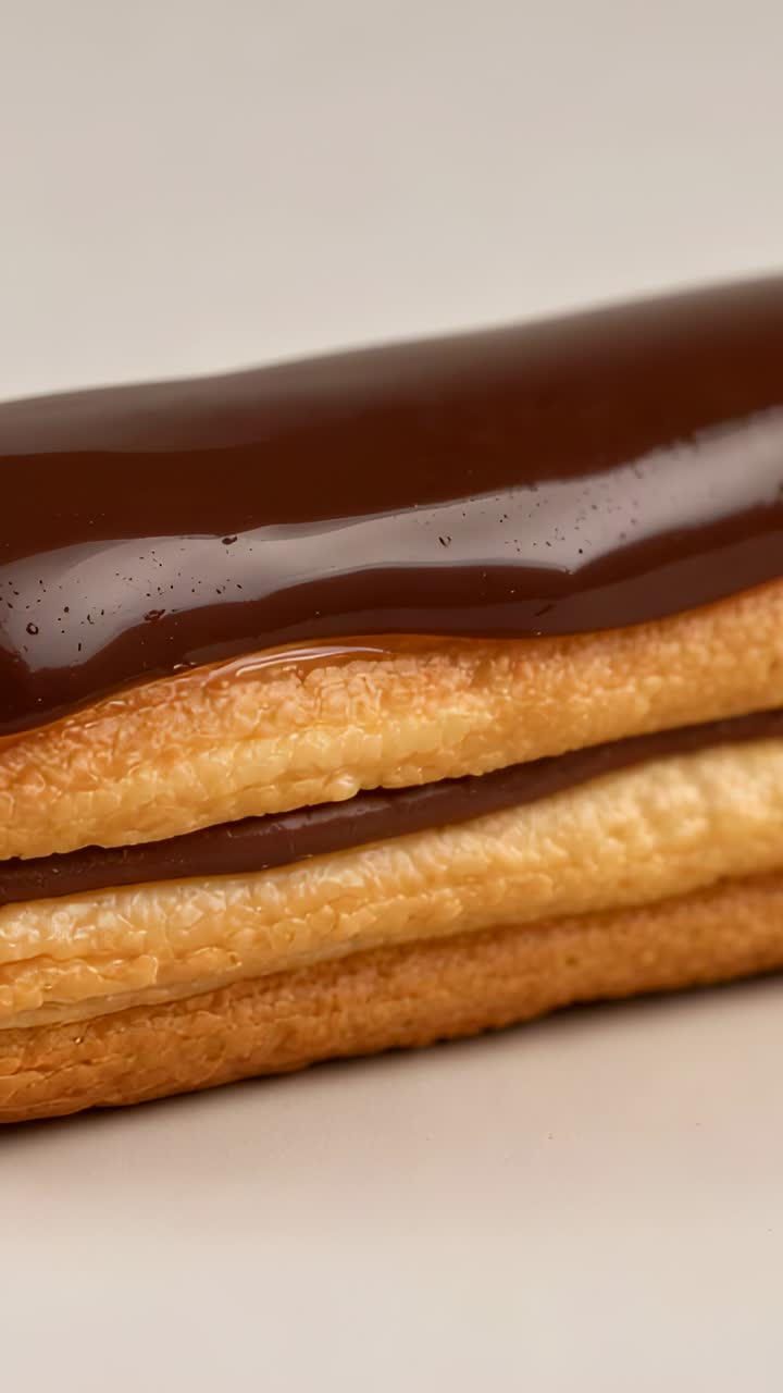 Video verticale: cucchiaio che versa la glassa per rivestire un dolce a strati su una superficie chiara con un flusso che cade