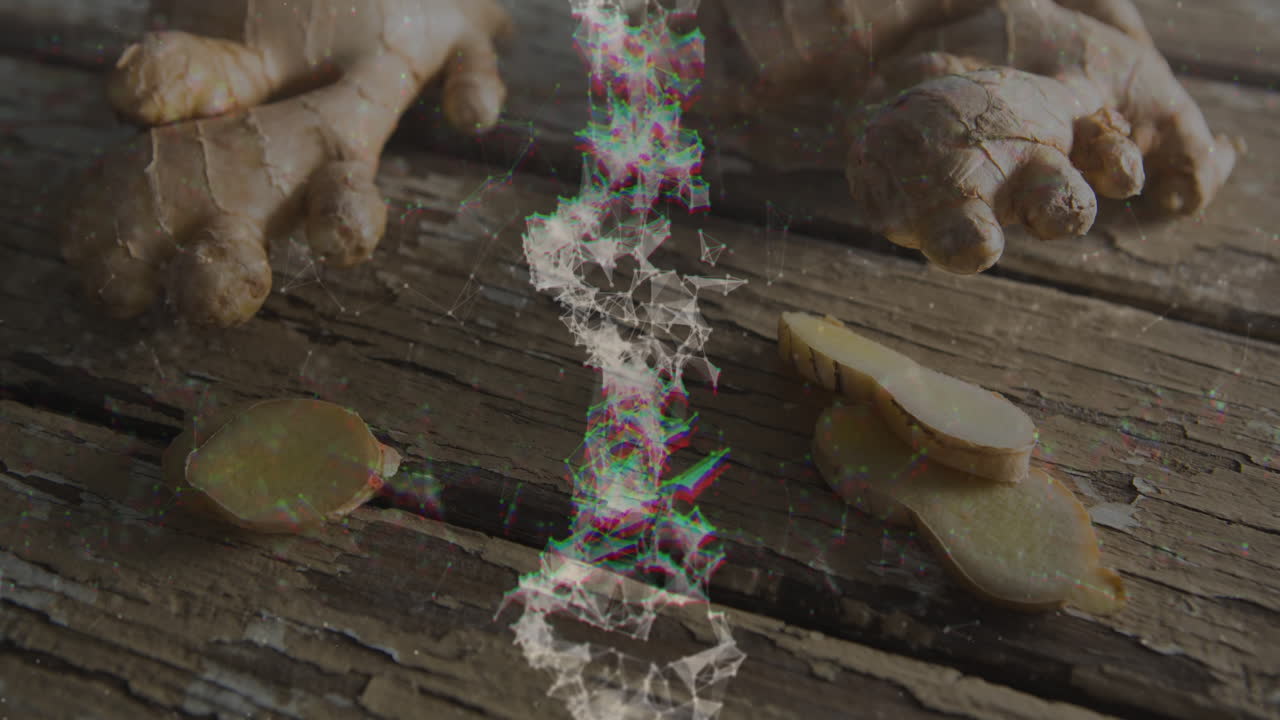 Ginger roots and slices floating above worn wooden table with RGB glitched polygon network overlay