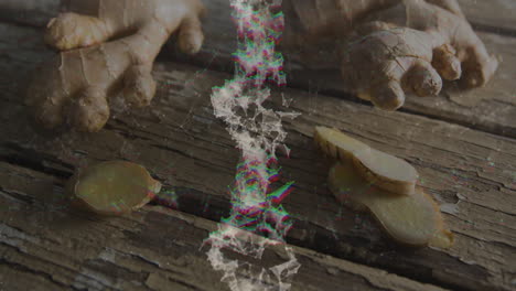 ginger roots and slices floating above worn wooden table with rgb glitched polygon network overlay