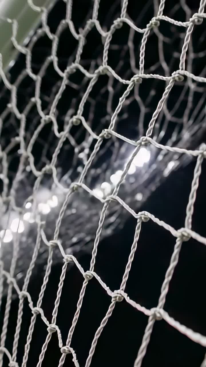Video verticale: La telecamera si inclina mostrando una rete di corda annodata che ondeggia allo stadio, rivelando le luci.