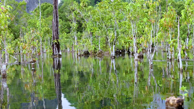 Serene mangrove forest reflected in clear canal waters in Krabi, Thailand