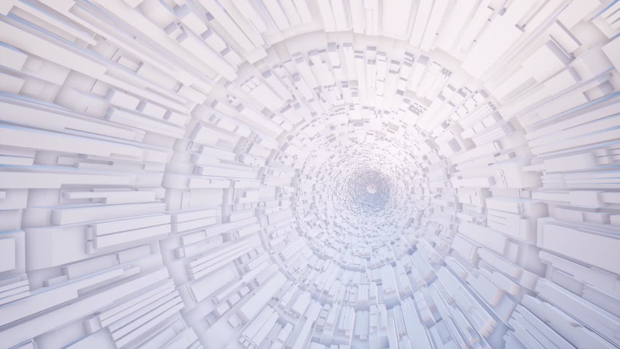 Futuristic white tunnel 3d rendered animation. Realistic sci fi corridor with volumetric rectangular design elements on walls footage. Modern architecture concept. Hi tech tube interior video