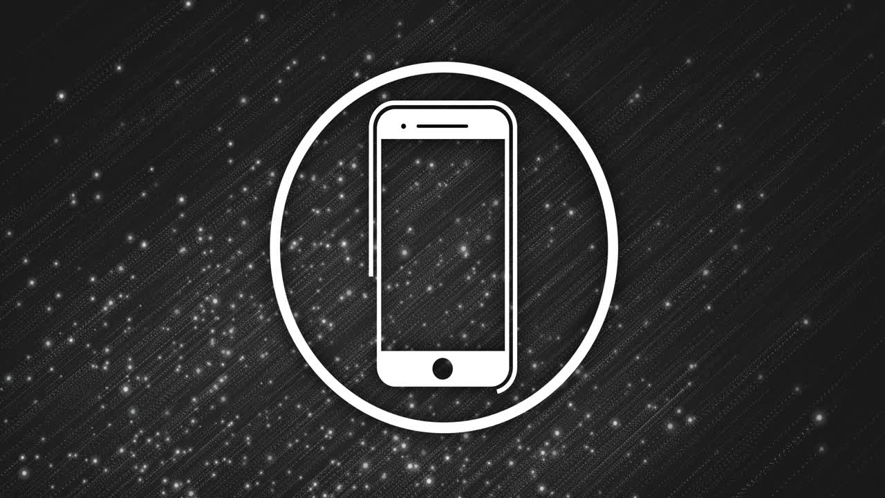 animación de icono de teléfono inteligente sobre partículas brillantes en un fondo oscuro