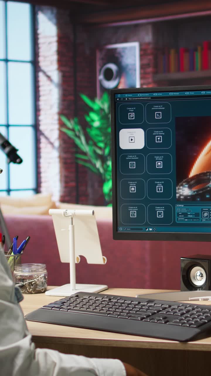 Vertical video Woman using AI program turning text prompt into videos, pleased by results