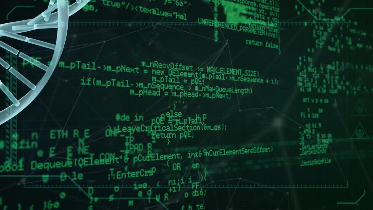 Animation of dna strand network of connections and data processing