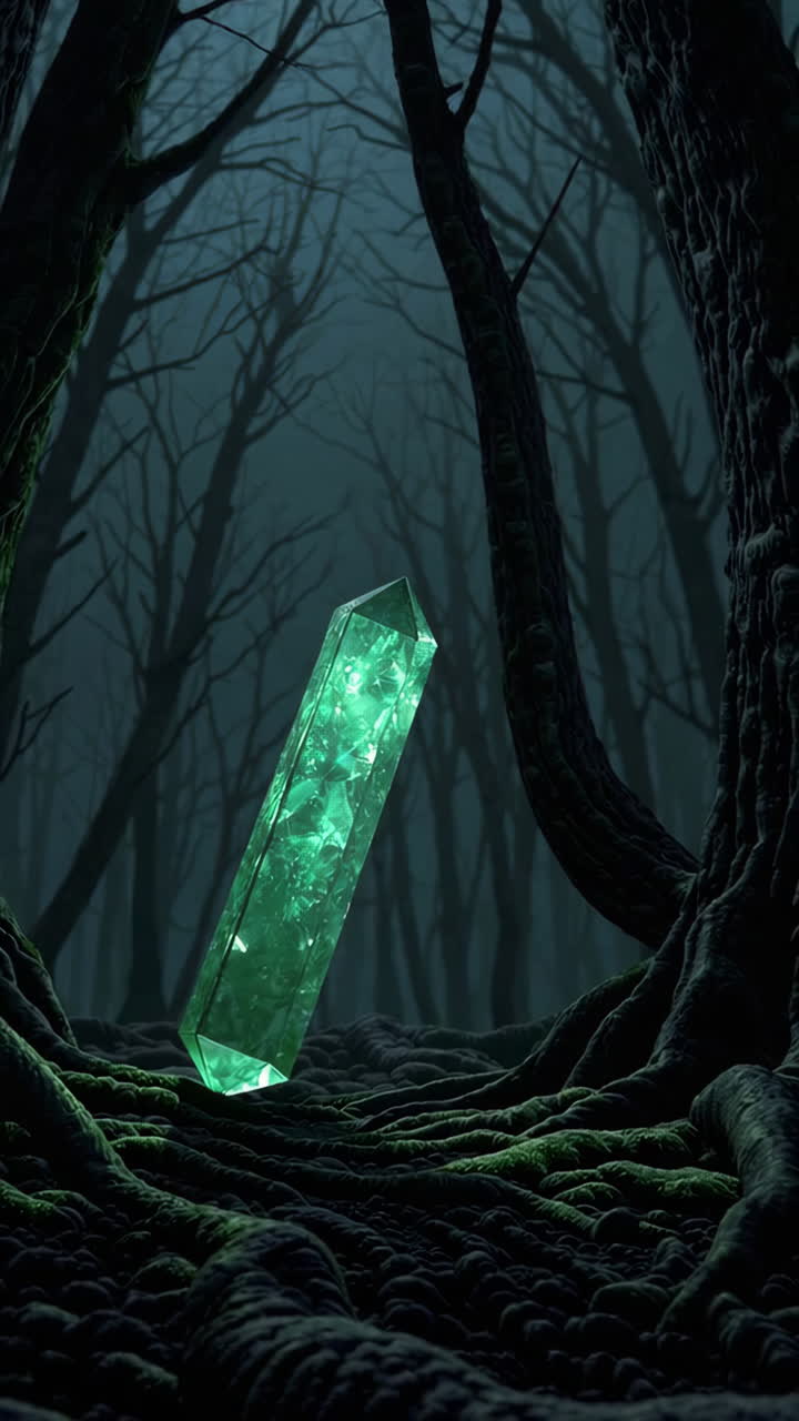 Glowing Emerald Crystal in a Dark Forest