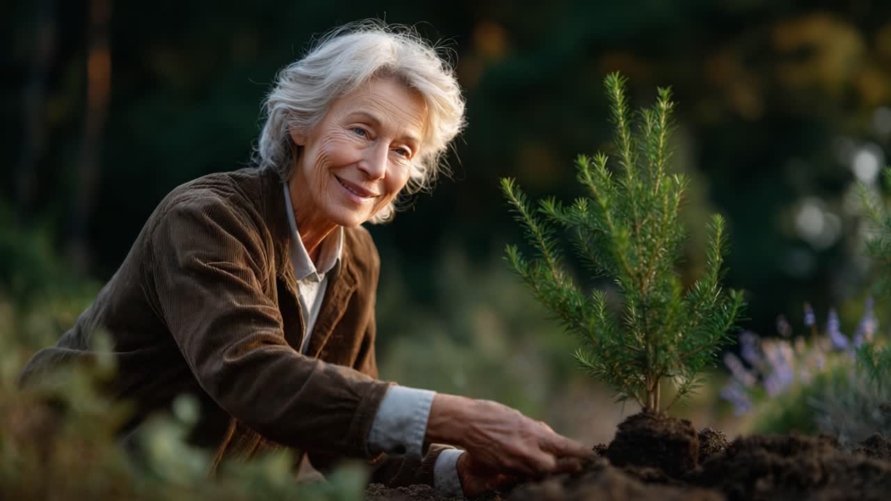 A Passionate Senior Woman Planting a Young Tree, Highlighting the Importance of Environmental Conservation and Gardening for Future Generations