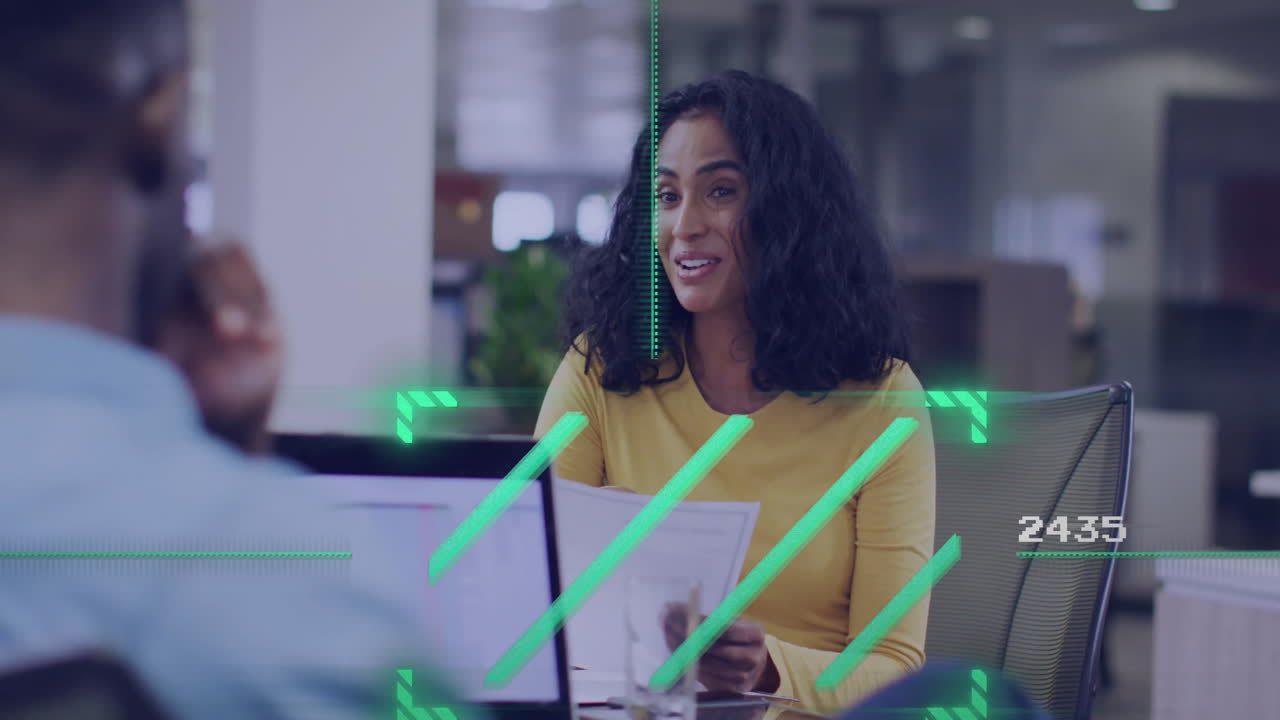 Businesswoman holding documents, discussing over digital data processing animation