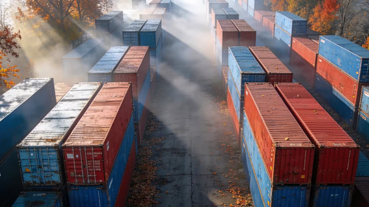 Glidende drone bevæger sig fremad over en containerterminal ved daggry, der viser stablede containere og solstråler.