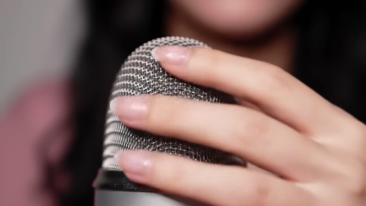 A Close-Up Exploration of a Microphone with Delicate Hand Gestures, Capturing the Intimacy and Sensitivity of Sound in a Personal Recording Setting
