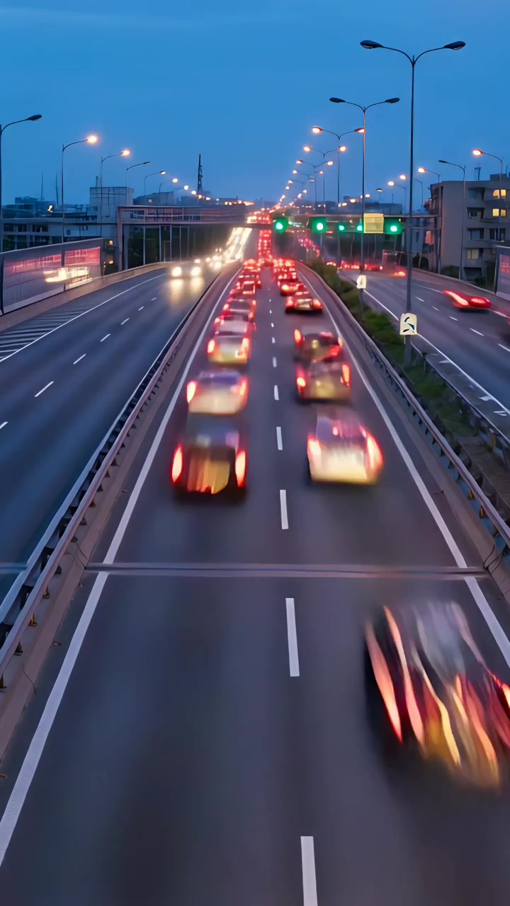 Video verticale: Flusso di traffico lungo un cavalcavia al tramonto, con scie luminose di fari e fanali posteriori.