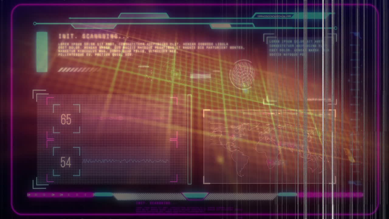 Animation showing futuristic digital interface with world map data in vibrant colors