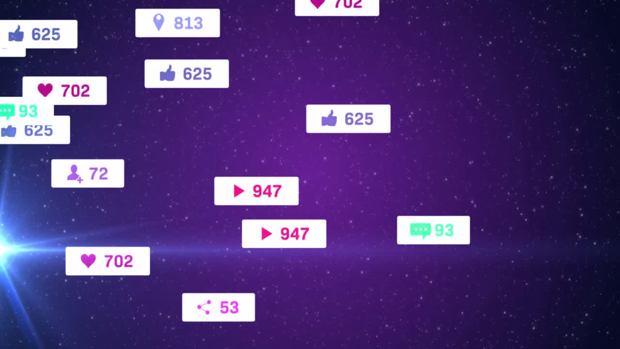 animación de cursores sobre iconos y números de redes sociales en banderas blancas y estrellas en cielo púrpura