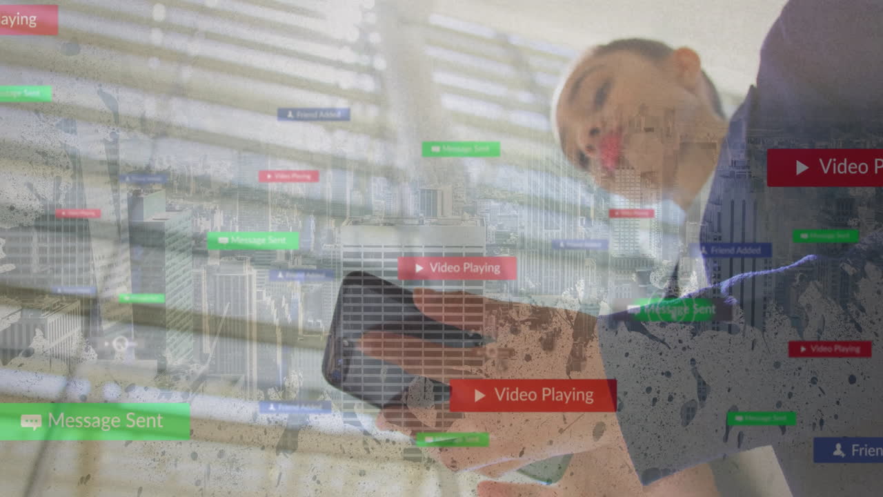 Using smartphone, person interacting with digital notifications over cityscape animation