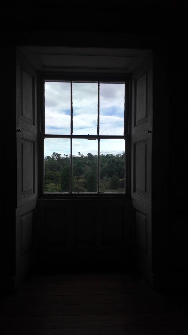 Window view of a lush green forest under a cloudy sky, nature, tranquility, and serenity. The scene offers a peaceful escape and a sense of calm, concepts of wellness, meditation, and reflection.
