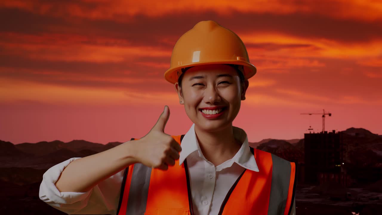 해가 지는 건설 현장에서 엄지손가락을 올리는 여성 엔지니어