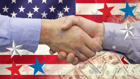 Animation-of-business-people-shaking-hands-over-american-flag
