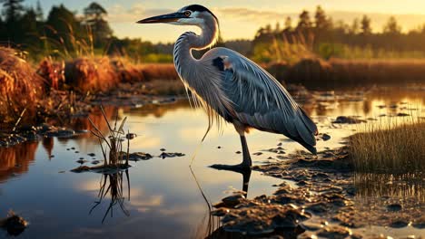 great blue heron standing in shallow water at sunset by the riverbank