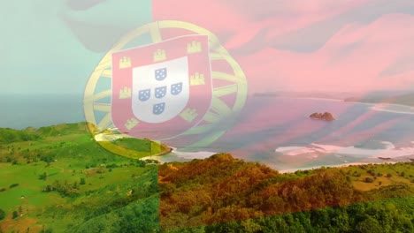 Animation-Der-Flagge-Portugals,-Die-über-Der-Meereslandschaft-Weht