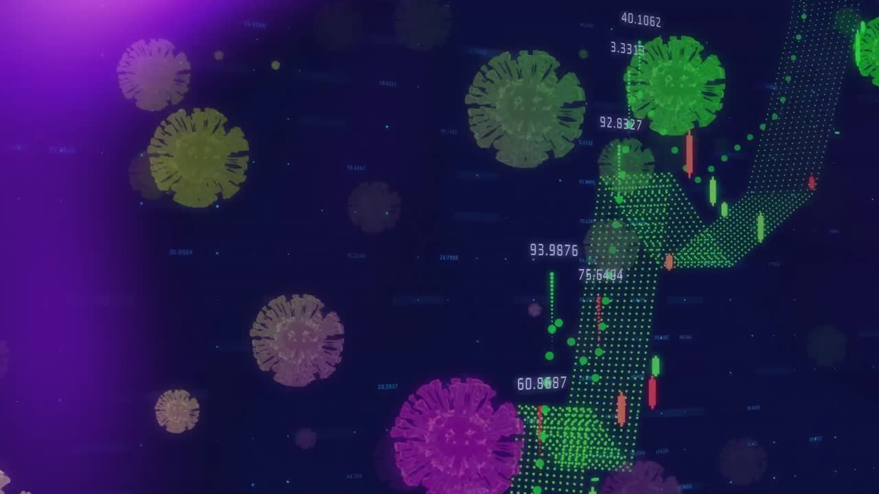 células covid-19 y puntos brillantes de luz contra el procesamiento de datos financieros