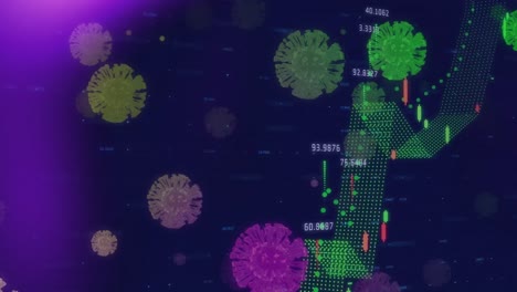 células covid-19 y puntos brillantes de luz contra el procesamiento de datos financieros