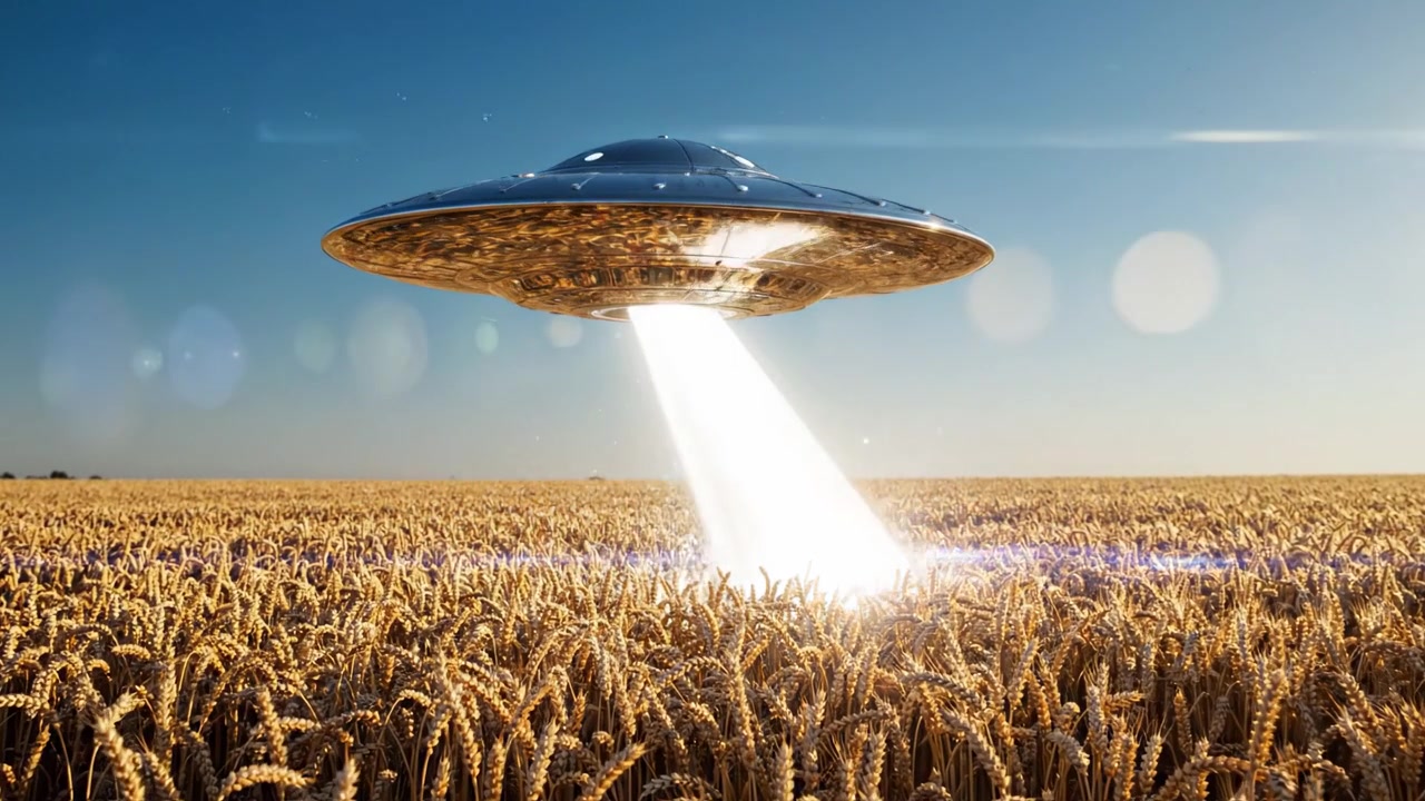 A Mysterious UFO Emerges from the Wheat Field, Illuminating the Landscape with Its Beam of Light Amidst a Clear Blue Sky
